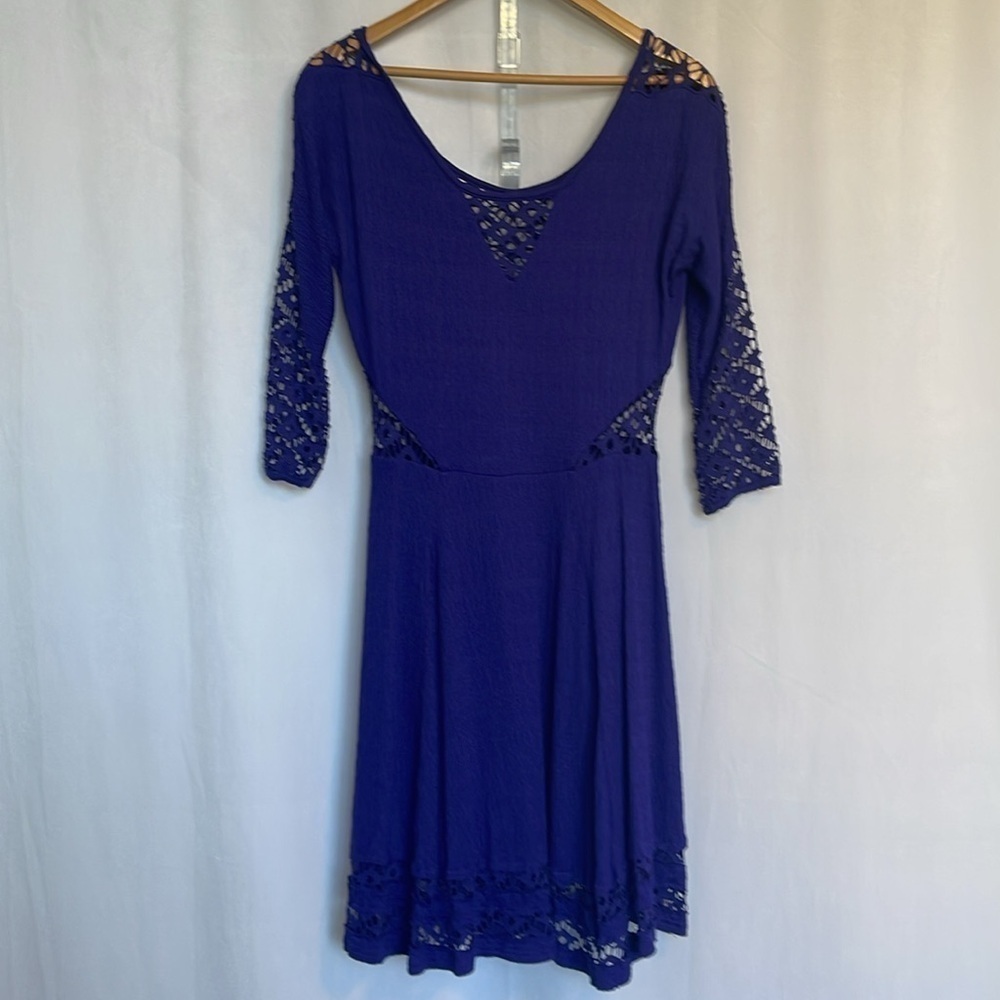 FREE PEOPLE To The Point Dress Size S Purple 3/4 Sleeve Crochet Panels Lined EUC - Picture 2 of 12